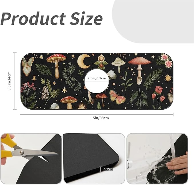 Kitchen Sink Splash Guard，Mushrooms, stars,moon Faucet Mat Sink Gadgets-Super Absorbent Fast Drying Mat Drip Catcher for Kitchen, Bathroom,Sink Mat, Dish Drying Mat, Bathroom(15" X 5.5" )