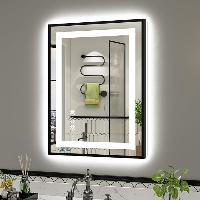 24x32 Inch LED Bathroom Mirror with Black Frame, Backlit & Front Lit, Anti-Fog Lighted Bathroom Vanity Mirror for Wall, Memory Function, Dimmable, HD Tempered Glass, Shatter-Proof