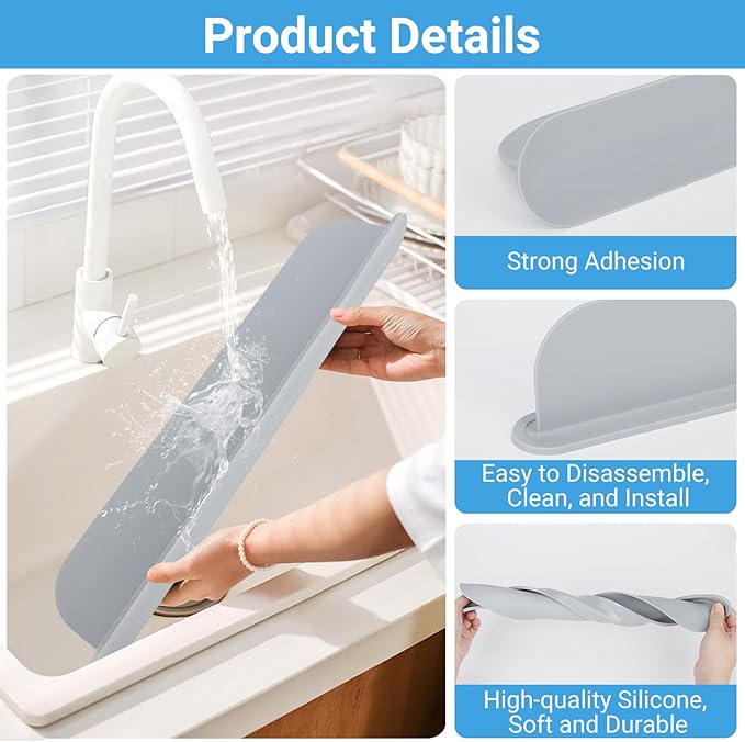 19.29 inch Kitchen Sink Splash Guard, Silicone Sink Baffle Splash Guard, Backsplash Protector for Kitchen Countertop & Bathroom Bathtub with Non-Slip Strong Suction, Gray, Pack of 2