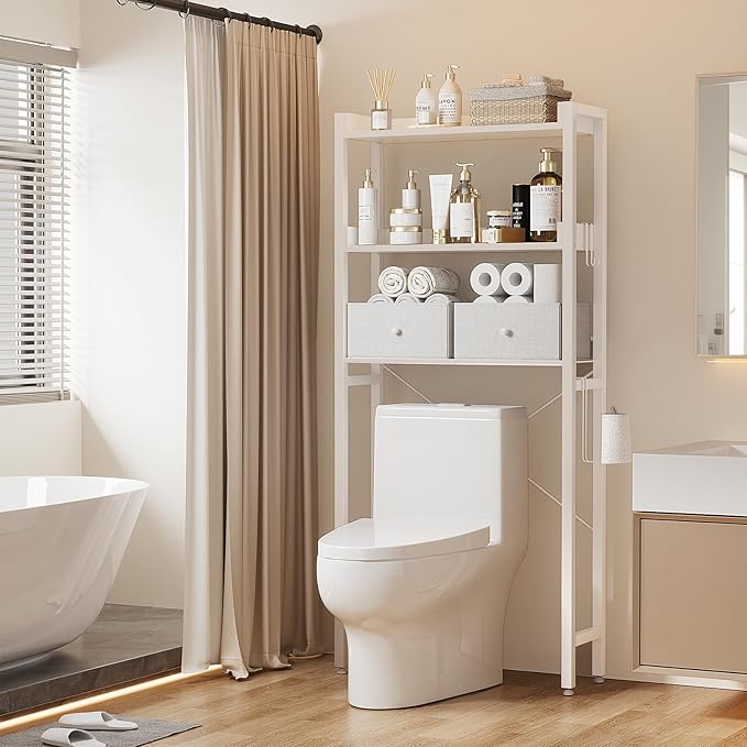 Housolution Over The Toilet Storage with 2 Drawers, 3 Tier Over Toilet Bathroom Organizer with Height Adjustable Shelves and Hooks, Space Saver Above Toilet for Bathroom/Restroom/Laundry, White
