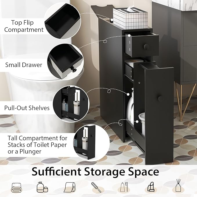 Tangkula Slim Bathroom Cabinet, Free-Standing Storage Cabinet with Slide Out Drawers, Narrow Floor Home Organizer Next to Toilet, Bathroom Toilet Paper Holder, 19 x 6.5 x 23 Inch (Black)