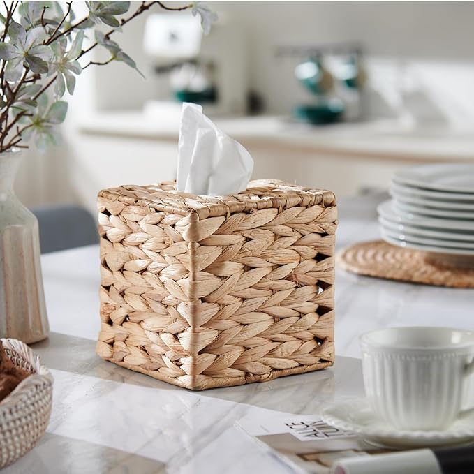 Tissue Box Cover Square, Rattan Tissue Box Holder -Boho Decorative Woven Facial Tissue Holder on Table and Bathroom by YANGQIHOME, 5.9" L x 5.9" W x 5.9" H