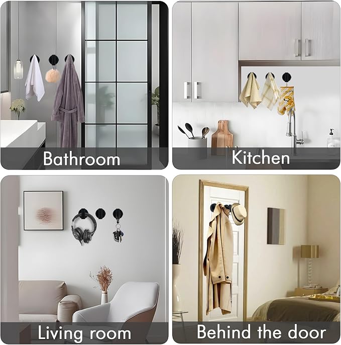 6 PCS Suction Cup Shower Towel Hooks, Wall Mount Robe Holder, Heavy Duty No Drill Wall SUS304 Waterproof Stainless Steel Hooks for Bedroom, Bathroom, Kitchen, Hotel and Office (Matte Black)