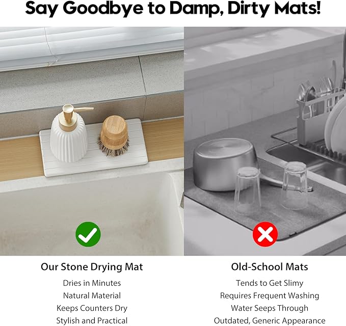 Diatomaceous Earth Sink Organizer Tray Set, 3-Pack Fast Drying Water Absorbing Stone Soap Holder Caddy for Kitchen & Bathroom Counter, Faucet Splash Guard, White (1pc of 8"x3.8" + 2pcs of 3.8"x3.8")