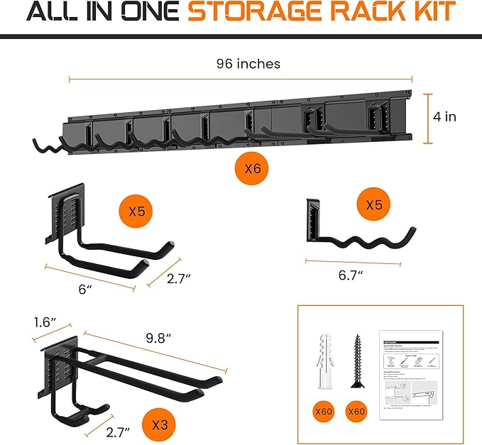 "96 Garage Tool Organizer Wall Mount - Heavy Duty 1020 lbs Metal Storage Rack, Easy Install Adjustable Hooks for Garden Tools Brooms