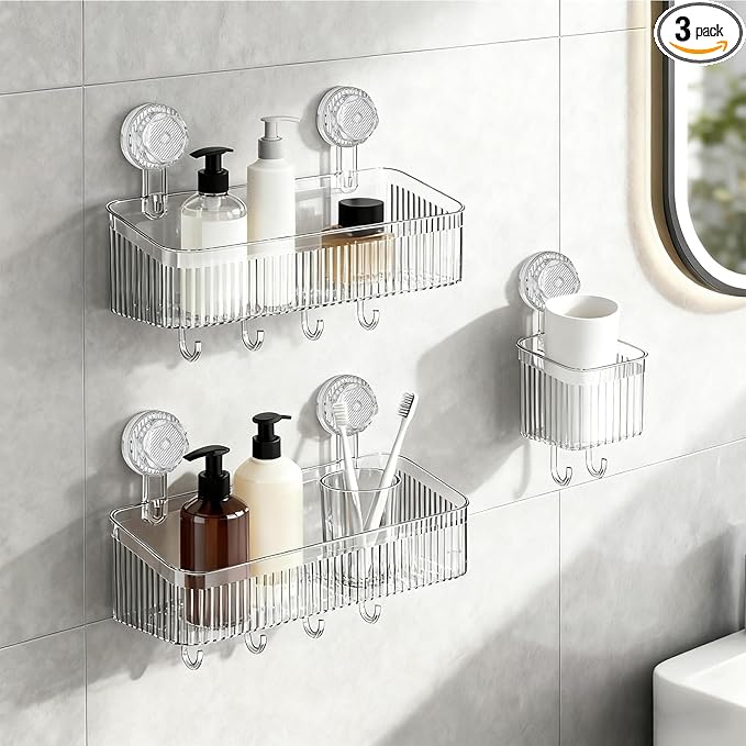 3 Pack Suction Cup Shower Caddy, Clear Shower Shelves No Drilling with Movable Hooks & Toothbrush Holder, Wall Storage Shelves for Bathroom, Kitchen