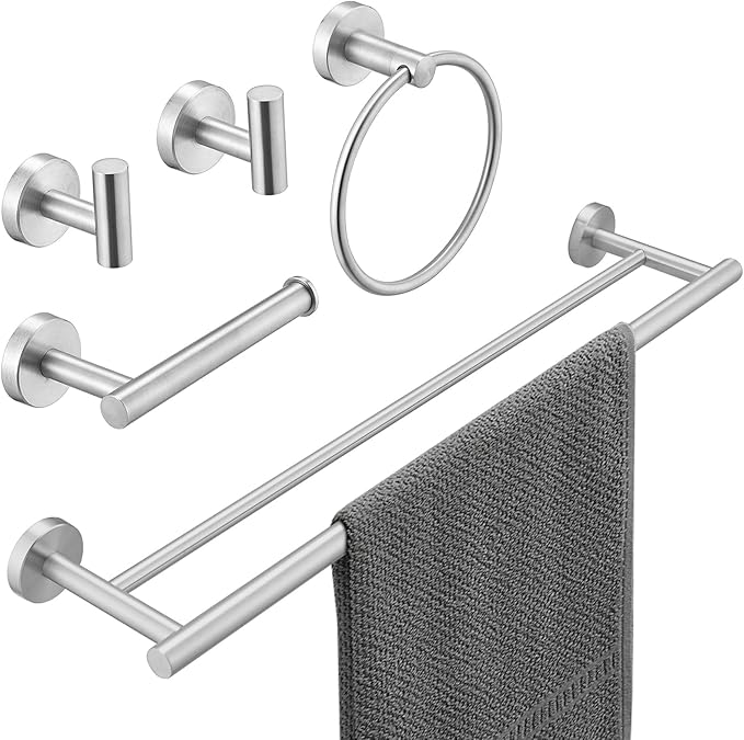 5Pcs Bathroom Hardware Set, Towel Racks for Bathroom Wall Mount, Stainless Steel Towel Bar Set with Toilet Paper Holder Hand Towel Holder Robe Hook Accessory Kit, Brushed Nickel