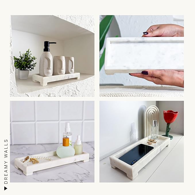 Marble Vanity Tray – White Marble Decorative Organizer for Bathroom, Kitchen, Perfume, Jewelry & Countertop Decor