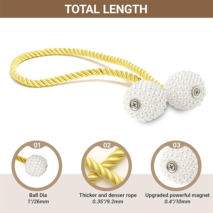Hion Magnetic Curtain Tiebacks Golden 2pcs, Curtain Tiebacks Buckles Holdbacks Holders Hooks Clip for Home Bedroom Office Decorative Curtain