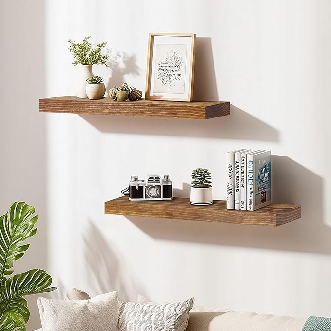 Floating Wall Shelves 30x6.8x1.7 Inch – Solid Wood Rustic Shelves in Dark Oak Finish – Wall Mounted Heavy Duty Display Shelf for Kitchen, Bedroom, Living Room – Set of 2