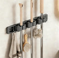Broom Holder Wall Mount with Adjustable Hooks, Mop Organizer Rack for Narrow Space, Mop and Broom Hanger Wall Mount for Organizing in Kitchen, Garage, Laundry Room, 3 Racks 4 Hooks, Gray