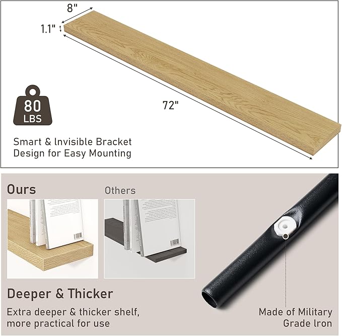 Fun Memories 72 Inch Floating Shelves for Wall 8 Inch Deep Oak Shelves Set of 2, Wall Mounted Rustic Wood Long Floating Shelf, Large Display & Storage Shelf with Invisible Brackets