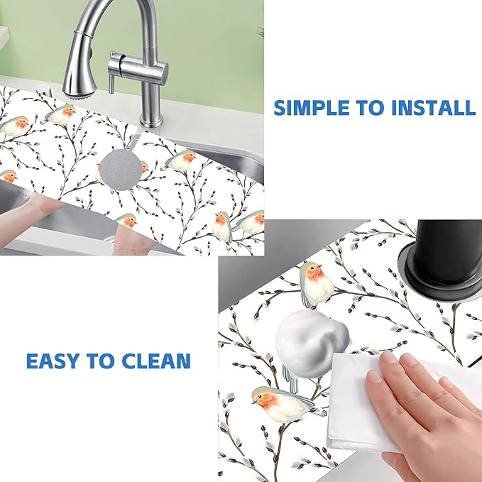 Willow Branches and Robin Dish Drying Mat for Kitchen Sink Splash Guard Behind Faucet Sink Mat Absorbent Fast Drying Faucet Draining Mat for Bathroom Kitchen 5.5"×24"