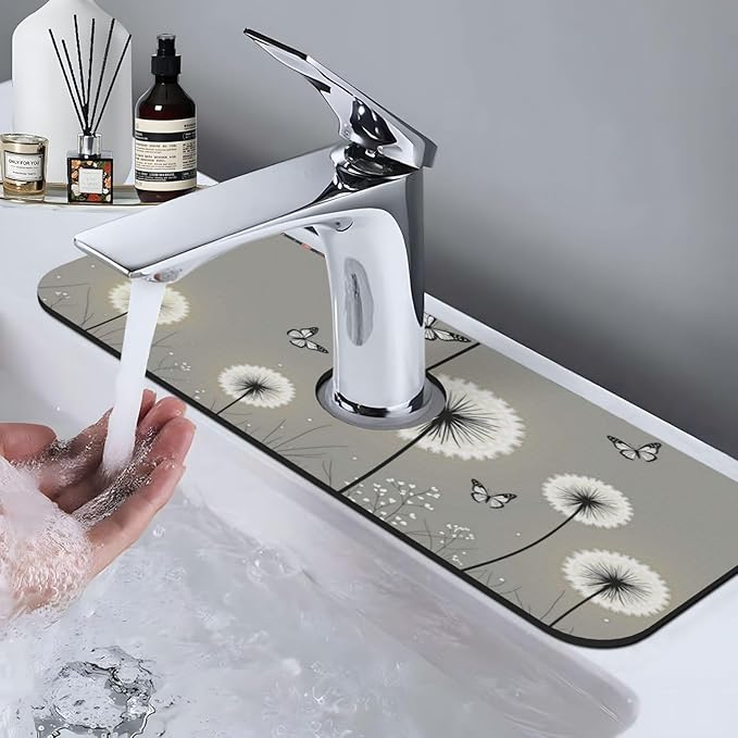 Butterfly Dandelion Floral 15" X 5.5" Kitchen Sink Splash Guard, Faucet Guard Draining Mat, Faucet Suction Pad For Kitchen Bathroom