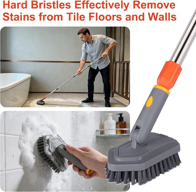 BITOPE Tub Scrubber with 3 Types of Brush Heads, Long Handle Shower Cleaning Brush, Stiff Bristles Brush & Sponge for Cleaning Bathtub, Wall, Tile, Bathroom, Grout line, Floor Gap