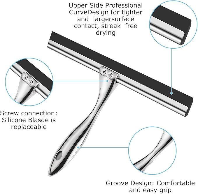 Ibergrif M34101 Shower Squeegees, Silicone Window Squeegee, Shower Cleaner for Window, Glass, Shower Door, Car Windshield, Include Shower Hooks, Stainless Steel