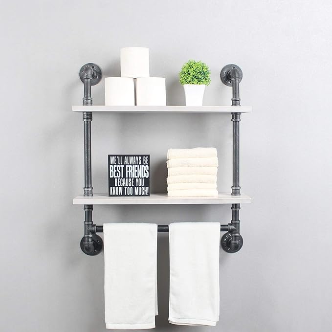Iron Pipe Shelves Industrial Bathroom Shelves with Towel bar,24in Rustic Metal Pipe Floating Shelves Pipe Wall Shelf,2 Tier Industrial Shelf Wall Mounted,Retro White