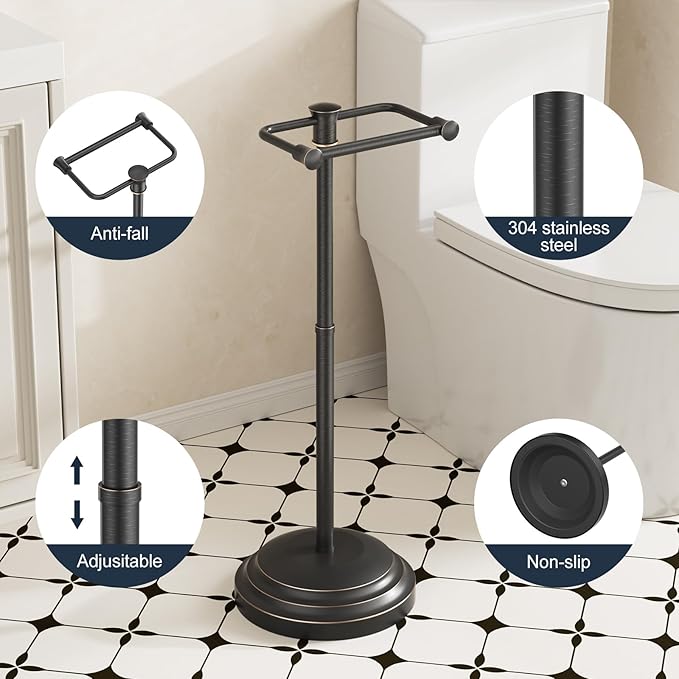 Bathroom Toilet Paper Holder Stand, Oil Rubbed Bronze Toilet Paper Holder Free Standing, Stainless Steel Pivoting Toilet Tissue Roll Holder，Adjustable Height (14 to 24 Inch) Paper Holder
