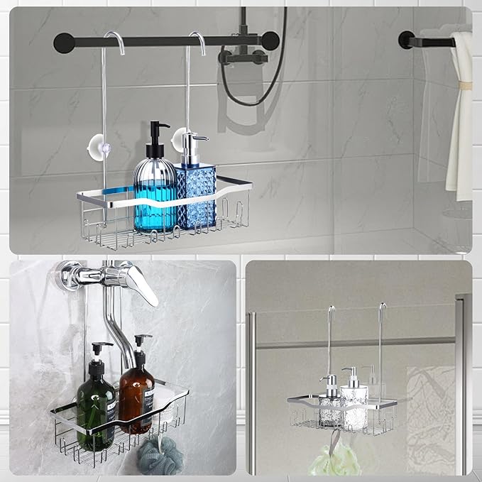 Hanging Shower Organizer, No Drilling Showers Caddy Hanging Stainless Steel Shower Rack with Hooks Showers Caddy Rustproof Over the Door for Bathroom Towels Sponge