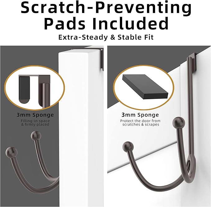 HFHOME 4Packs Over The Door Double Hanger Hooks, Metal Twin Hooks Organizer for Hanging Coats, Hats, Robes, Towels- Brown
