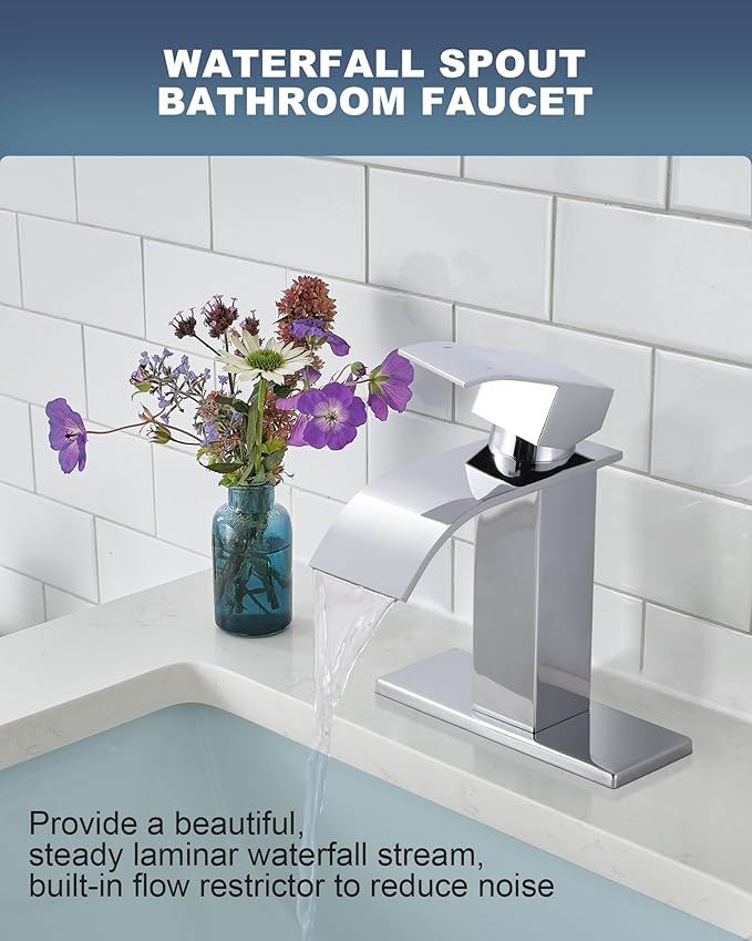 ARCORA Waterfall Bathroom Faucet Chrome: Modern Single Handle Bathroom Faucet for 1 or 3 Hole - Bathroom Sink Faucet with Pop Up Drain and Supply Lines