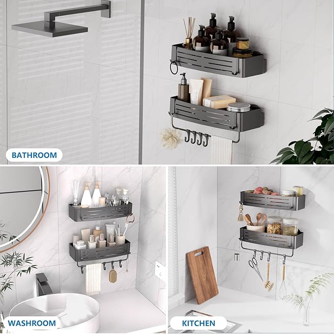 Onemake Shower Caddies Suction Cup, 2-Pack Removable Bathroom Shelf, Shower Organizer with Portable Hooks, Shower Caddy Corner Waterproof Holder with Towel Bar, Gray