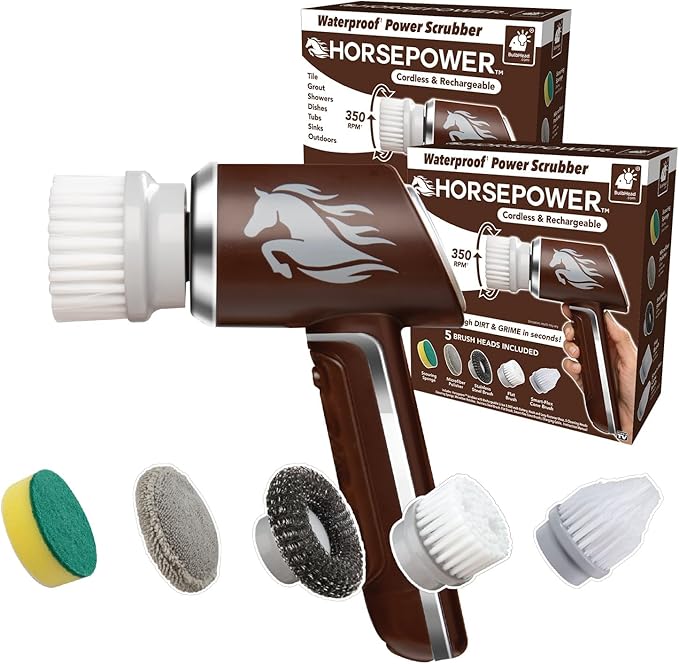 HorsePower Scrubber AS-SEEN-ON-TV Waterproof Rechargeable Handheld 350 RPM Includes 5 Brush Heads, Blast Away Dirt & Grime, Tile Grout, Bathrooms, Kitchen, Auto Rims, Outdoor Furniture, 2 Pack