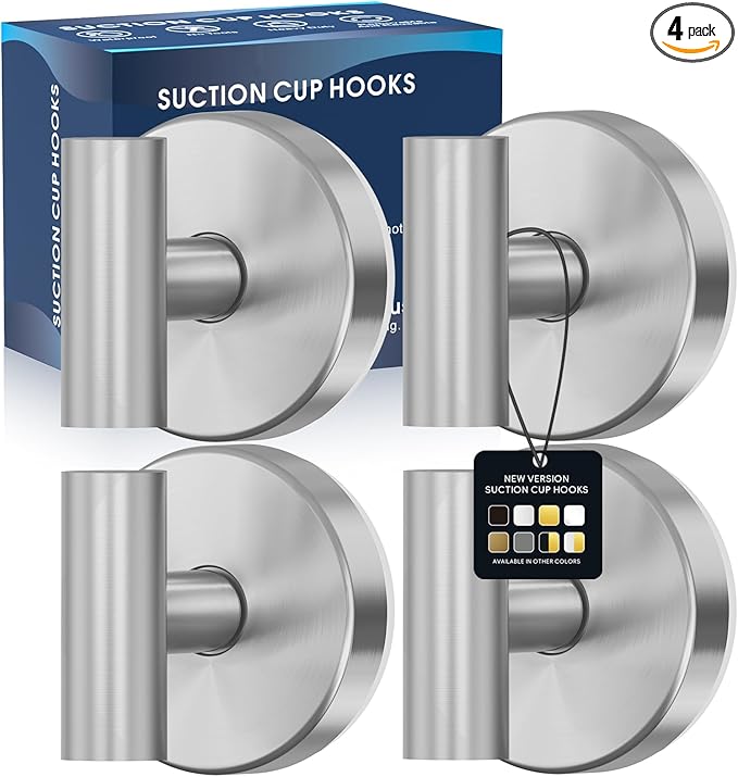 Suction Cup Hooks for Shower,Heavy Duty Shower Towel Suction Hooks,No Drill Wall Mounted Towel Hooks for Bathrooms Wall,Kitchen,Glass,Mirror,Tile to Hang Towels,Robes,Coat-Silver(4 Pack)