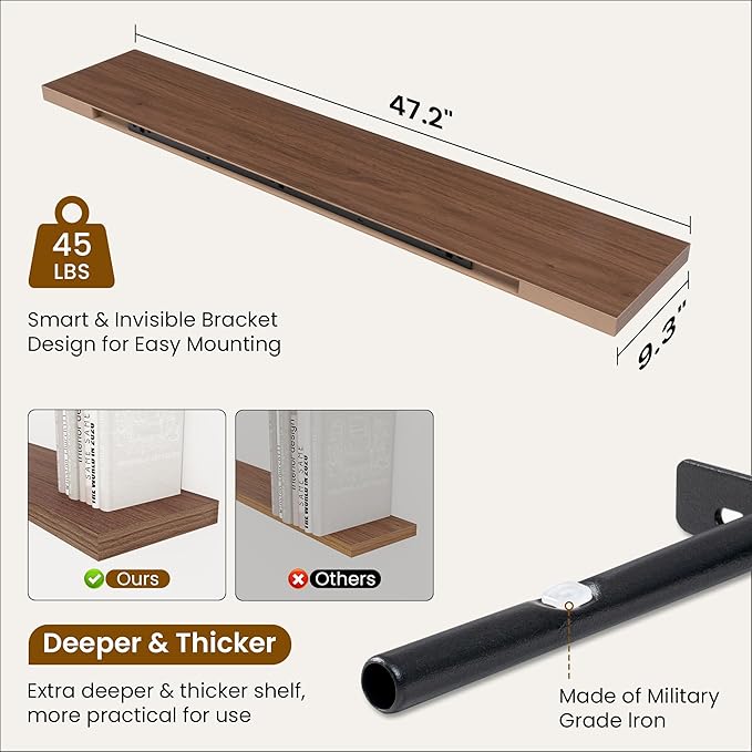 Fun Memories 48 Inch Deep Floating Shelves for Wall, 2 Pack of Long Wall Mounted Wood Shelves with Invisible Brackets for Bathroom, Bedroom, Living Room, Kitchen Decor and Storage, Walnut