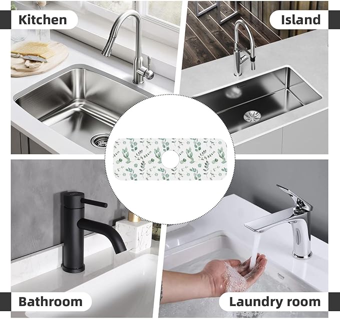 Watercolor Sage Green Grass Leaves Kitchen Sink Splash Guard Faucet Mat Super Absorbent Fast Drying Mat Sink Gadgets-Fast Drying Pad Sink Mat For Kitchen Bathroom (15" X 5.5" )