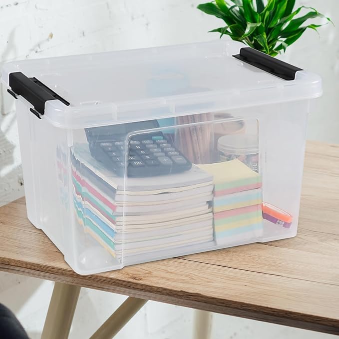 4 Pack 23 L Plastic Storage Bins with Wheels, Clear Storage Latch Box with Lids