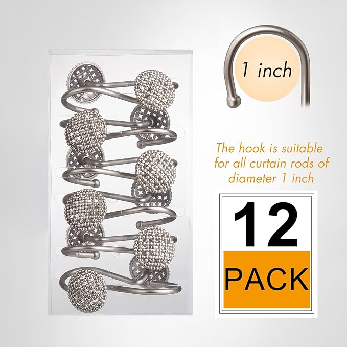 Pearlbee Nickel Shower Curtain Hooks, Rust Proof Shower Curtain Rings for Bathroom, Metal Shower Hooks for Shower Curtain Rod, Modern Decorative Shower Curtain Hangers Set of 12