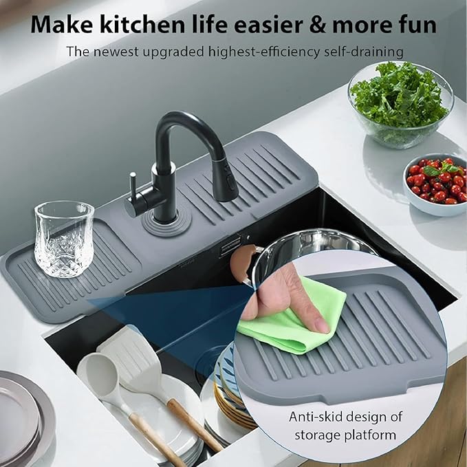 Silicone Sink Splash Guard for Kitchen & Bathroom, 17.7 inch Faucet Mat with 5° Slope & Cuttable Hole, Fast Draining Drip Catcher Tray, Dish Soap Sponge Holder, Drying Mat for Counter Top