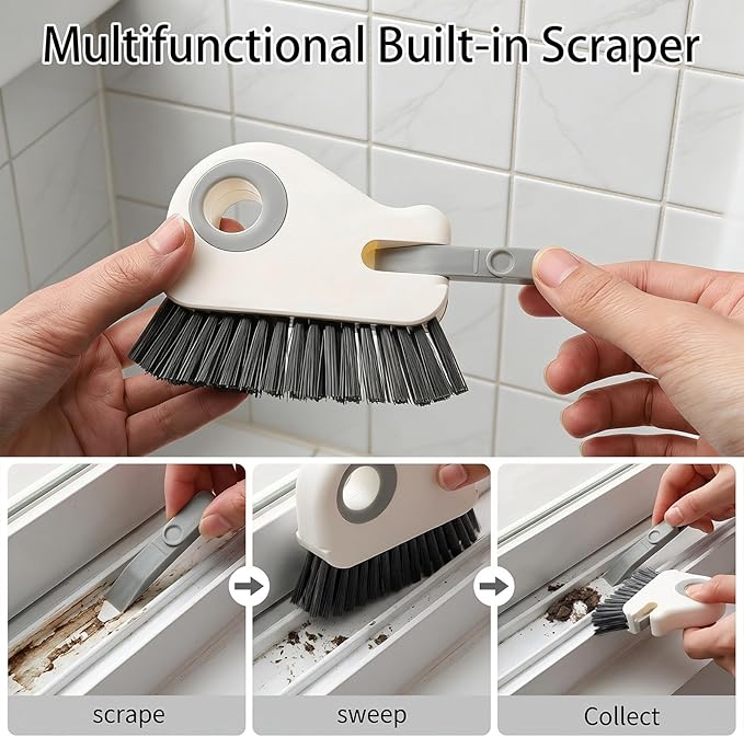 1-Pack Groove Cleaner Brush - 2 in 1 Grout Brush Cleaner- Multifunction Window Track Cleaning Tool with Hard Bristle and Hidden Scraper - Crevice Brush for Sliding Door Track, Window Seal, Sill