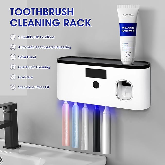 Punch-Free Wall Mounted Bathroom Toothbrush Holder, 5 Toothbrush Slots, Bathroom Toothbrush Sterilizer with Toothpaste Dispenser USB Charging Toothbrush Holder (White)