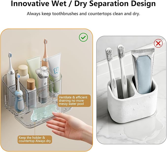 Toothbrush Holders for Bathrooms, 5 Slots Electric Toothbrush Holder Wall Mounted with Adjustable Divider, Detachable Bathroom Countertop Organizer with Drain Tray for Shower/Kitchen/Office