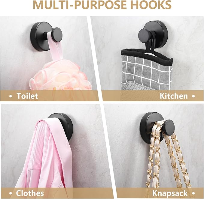 Towel Hook Shower Suction Hooks Towel Hanger for Bathroom Hanging Coat, Robe, Removable Wall Mounted Hook for Bedroom Kitchen Hotel Pool Matte Black(4-Pack)