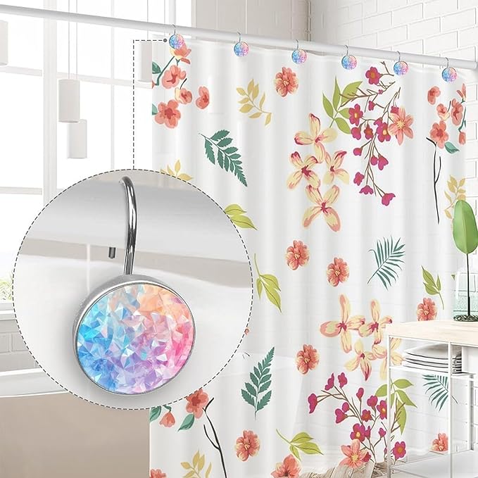 Multicolor Decorative Shower Curtain Hooks,12 Pcs Rust Proof Glass Surface Stainless Steel Curtain Rings for Bathroom Bedroom Living Room Shower Rods Decor