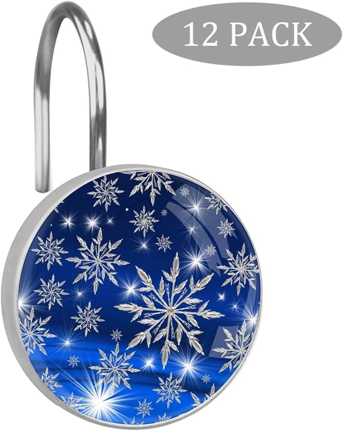 Christmas Snowflake Shower Curtain Hooks 12 Pcs, Rust Proof Glass Surface Stainless Steel Curtain Rings for Bathroom Bedroom Living Room Kitchen Home Shower Rods Decor