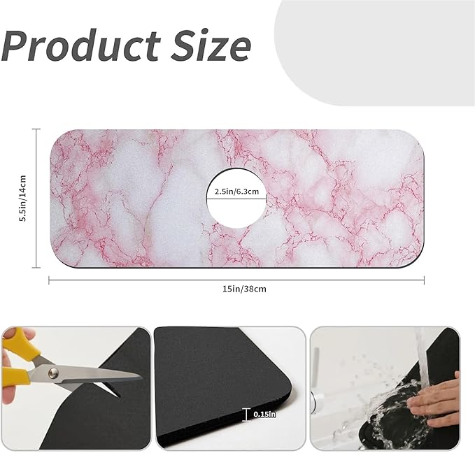 Kitchen Sink Splash Guard，pink white marble Faucet Mat Sink Gadgets-Super Absorbent Fast Drying Mat Drip Catcher for Kitchen, Bathroom,Sink Mat, Dish Drying Mat, Bathroom(15" X 5.5" )