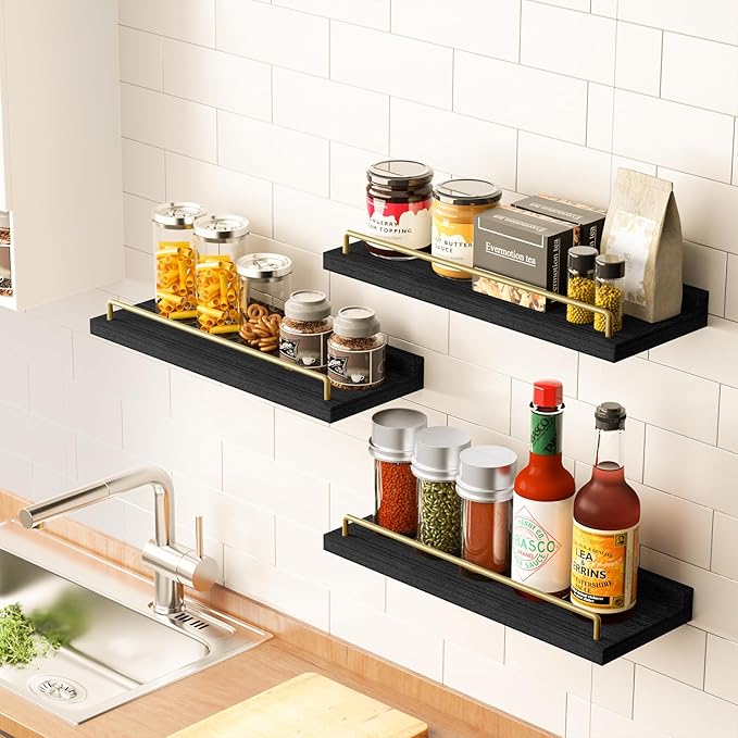 Floating Shelves for Wall Decor, Black and Gold Shelves for Bathroom, Living Room, Bedroom, Picture Frames, Plants, Kitchen (Set of 3)