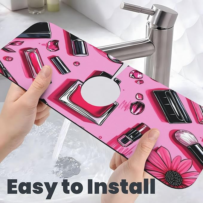 Beauty Makeup Set Pink 15" X 5.5" Kitchen Sink Splash Guard, Faucet Guard Draining Mat, Faucet Suction Pad For Kitchen Bathroom