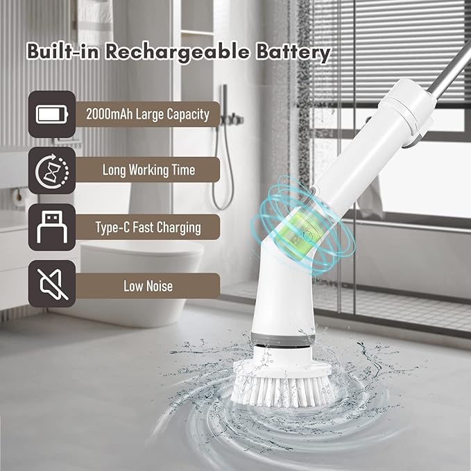 Electric Spin Scrubber, 6 Replaceable Brush Heads Handheld Electric Cleaning Scrubber Quick and Effective Cleaning Cordless Electric Spin Brush for Bathrooms Bathtub Kitchen