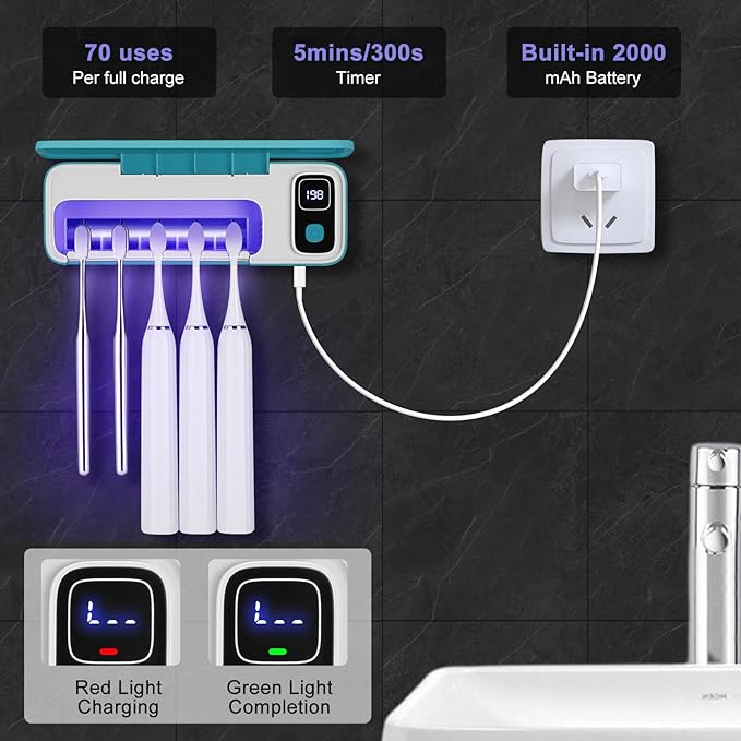 Toothbrush San itizer Holders Wall Toothbrush San itizer Holder with Light, 5 Slots Toothbrush Holder Rechargeable Toothbrush Cleaner Case Cover Toothbrush Holder with Air Dry for Bathroom (Blue)