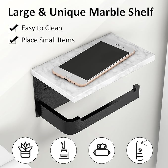 Toilet Paper Holder with Shelf, Extended Base Wall Mounted, Marble Toilet Roll Holder Black for Bathroom Washroom