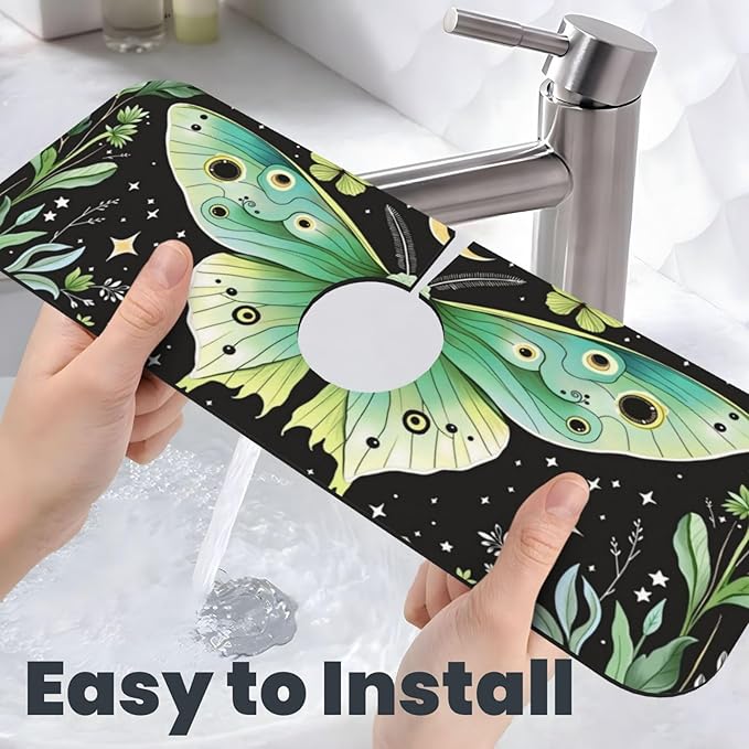 Butterfly Moon Garden 15" X 5.5" Kitchen Sink Splash Guard, Faucet Guard Draining Mat, Faucet Suction Pad For Kitchen Bathroom