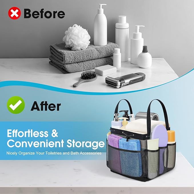 Large Mesh Shower Caddy Portable with Drawstring, 1 Main Compartment+ 7 Pockets, College Dorm Room Essentials for Girls, Shower Organizer Hanging Bag for Beach, Swim, Gym, Travel(Black)