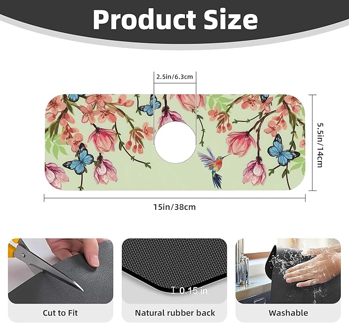 Bird Floral Flowers Dish Drying Mat for Kitchen Counter, 16"x18" Microfiber Absorbent Fast Dry Mat, 2Pcs Dish Mat Faucet Mats Sets, Large Drying Kitchen Mat Kitchen Drying Pad Coffee Bar Decor Gifts