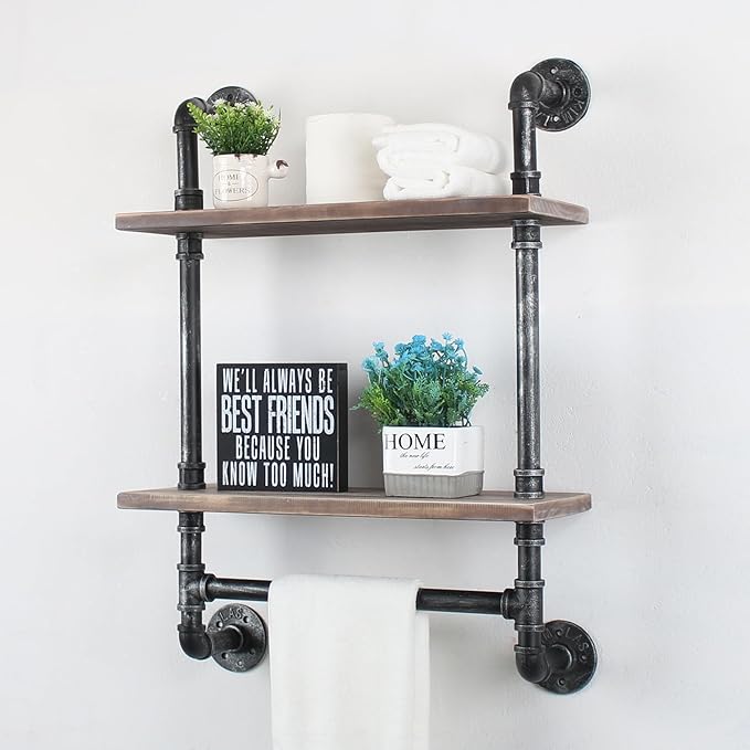 MBQQ Shelving Bathroom Pipe Shelves with Towel Bar Over Toilet, 24 inch Pine Wood Floating Shelves for Wall Mounted Bedroom,Kitchen, Farmhouse, Living Room