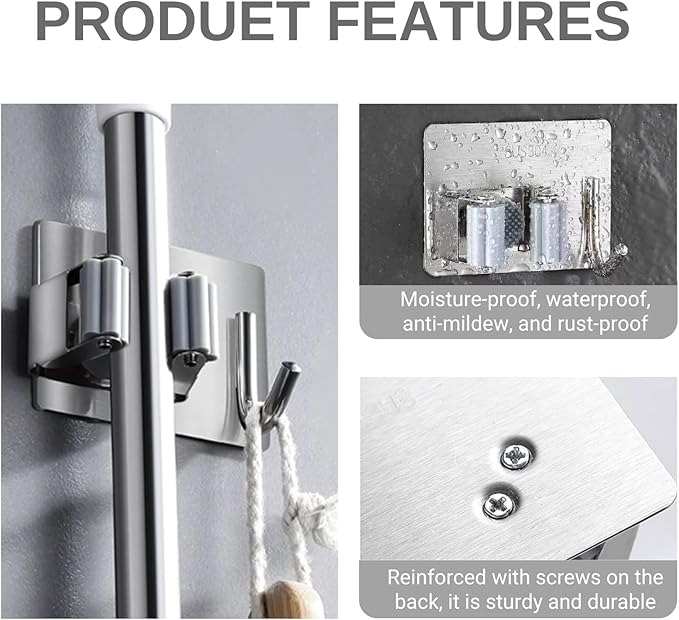 Mop and Broom Holder Wall Mount,Broom Holder Wall Mount,4 Pack Stainless Steel Broom Holders,with Strong Grip, Nail-Free Glue Installation,for Bathroom, Laundry,Office